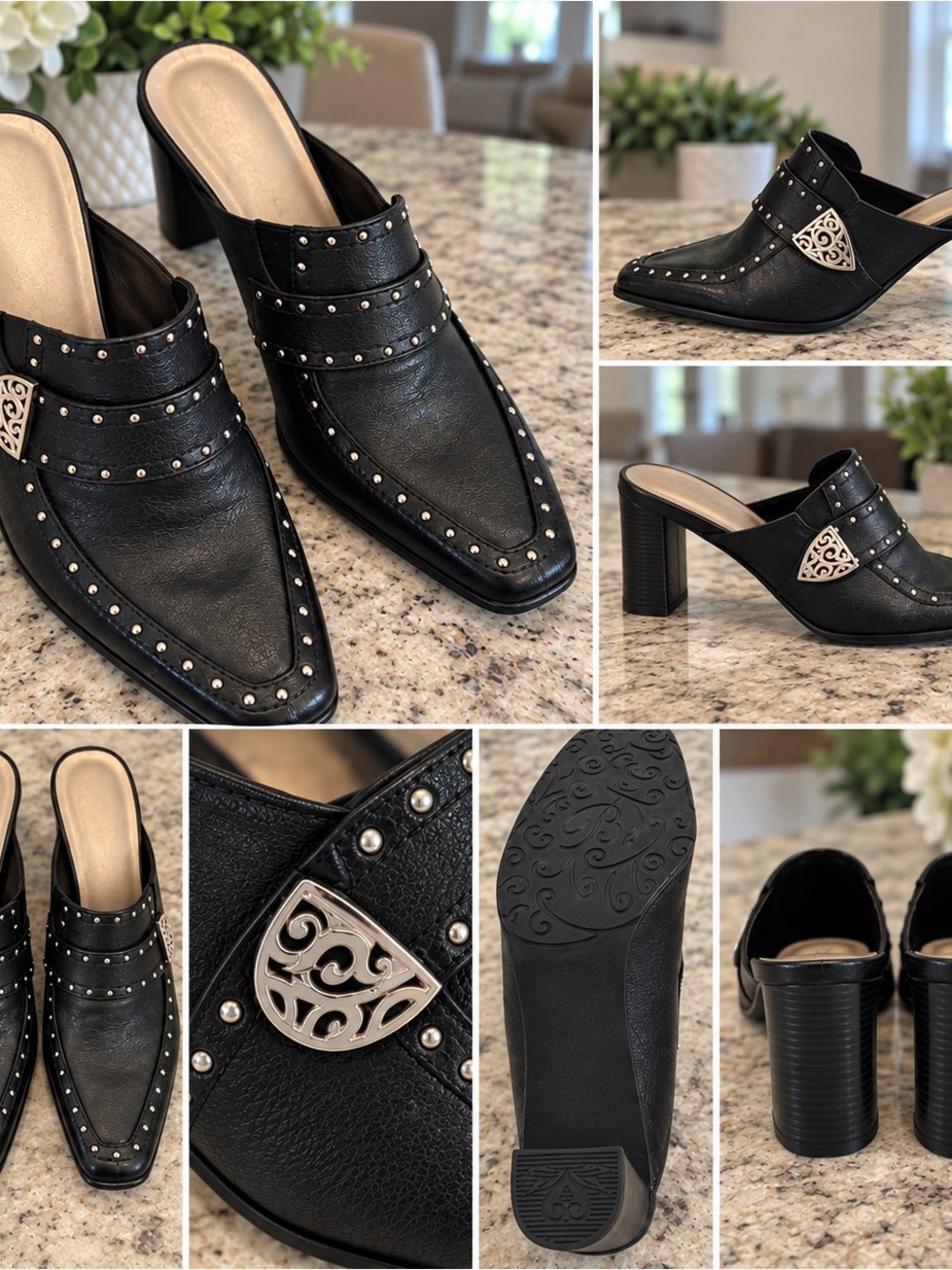 Brighton Black Studded Leather Pointed Mule Heels with Silver Accent Never Worn